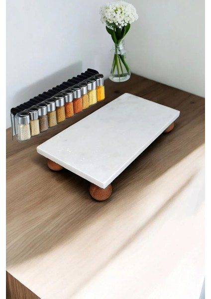 Elite Mermer Yağlık Altı Ahşap Misket Ayaklı 23 x 12 cm Mermer Sunumluk 1 Adet
