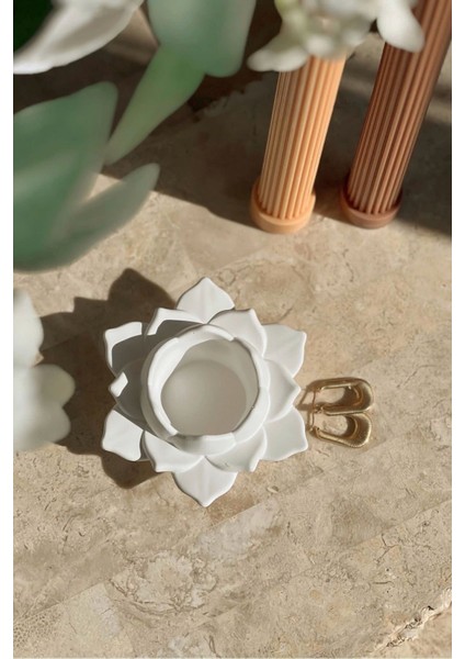 Elite Lotus Görünümlü Dekoratif Takı Tabağı, Mumluk | Beyaz 1 Adet