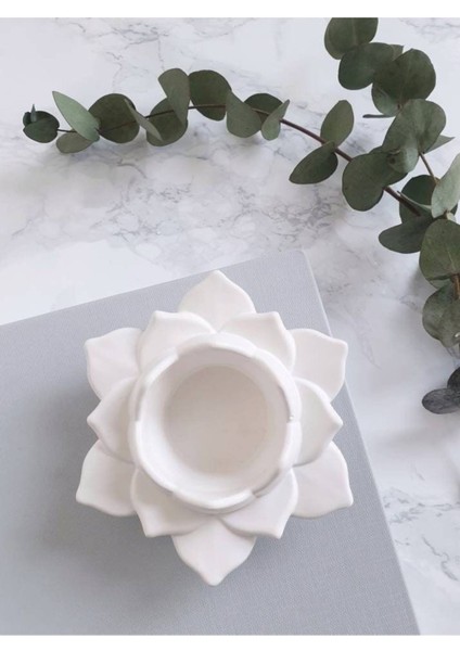 Elite Lotus Görünümlü Dekoratif Takı Tabağı, Mumluk | Beyaz 1 Adet