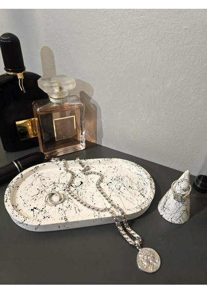 Elite Dekoratif Oval Beton Tabak ve Yüzük Tutucu 2'li Set , Mermer Desenli Takı Tabağı ve Yüzüklük 1 Adet