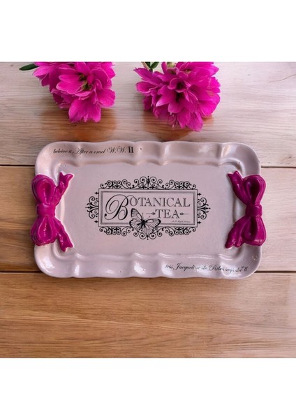 Elite Dekoratif Pembe Fiyonklu Botanik Çay Temalı Aytaşı Tepsi 19X12 cm | El Boyaması Vintage Stil 1 Adet
