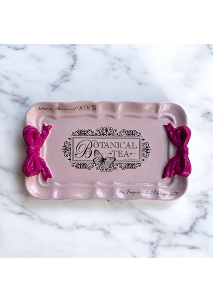 Elite Dekoratif Pembe Fiyonklu Botanik Çay Temalı Aytaşı Tepsi 19X12 cm | El Boyaması Vintage Stil 1 Adet modelleri