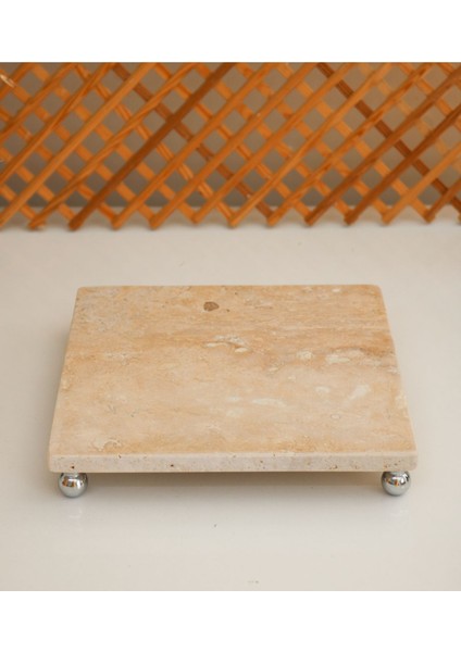 Elite Doğal Traverten Mermer Ayaklı Kare Sunumluk, 20X20 cm Dekoratif Stand Mermer Tepsi 1 Adet