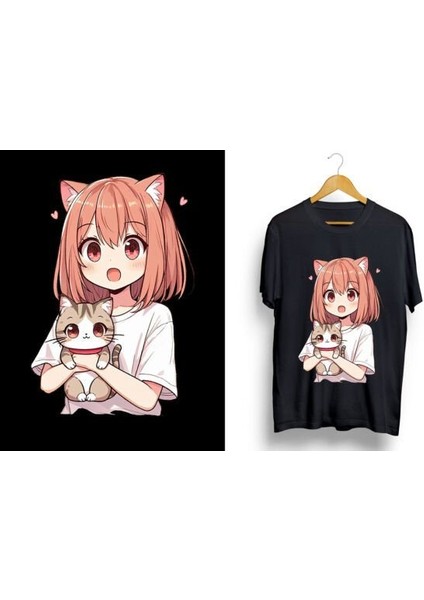 Anime Girl With Kawaii Cat Kısa Kollu Bisiklet Yaka T-Shirt