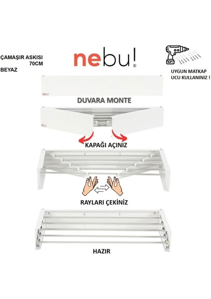 UltraNova İç ve Dış Mekan Katlanabilir Çamaşır Askısı 70cm, Metal, Beyaz
