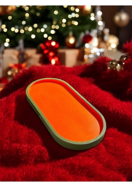 Elite El Yapımı Dekoratif Turuncu & Yeşil Oval Tabak - Takı Mum ve Masa Dekoru Modern & Şık Tasarım (23CM) 1 Adet