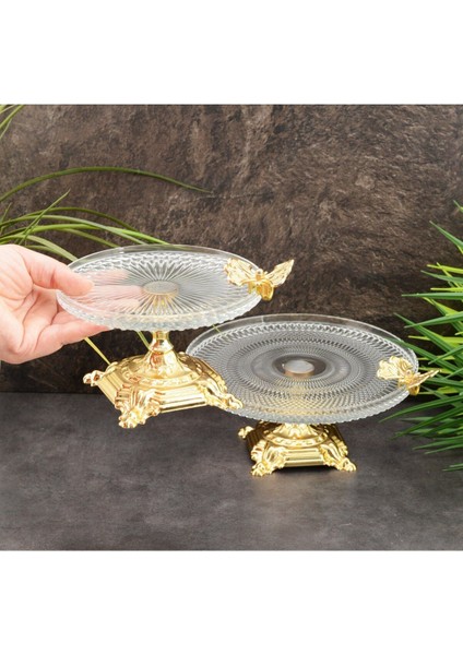 Elite Ayakli Kelebekli Cam Sunumluk 22 cm Gold 1 Adet