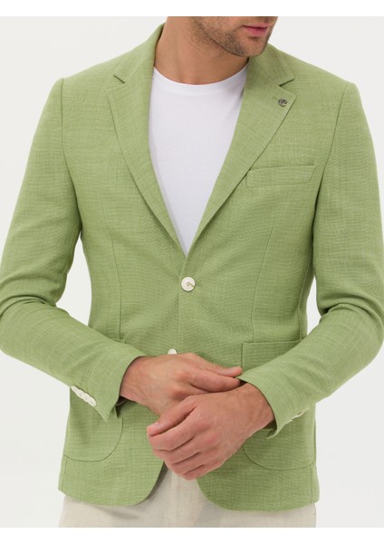 Erkek Yeşil Slim Fit Yün Keten Karışımlı Ceket 50264777-VR087