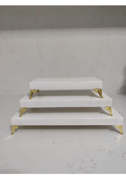 Elite Sunumluk Gold 3'lü Set Pasta Gerçek Mermer Sunumu, Metal Gold Profil Ayak 1 Adet