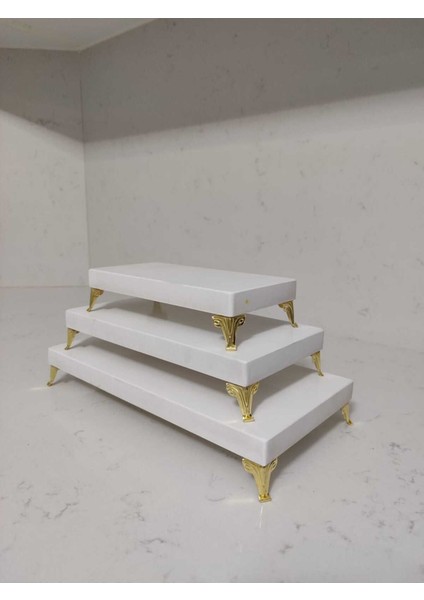 Elite Sunumluk Gold 3'lü Set Pasta Gerçek Mermer Sunumu, Metal Gold Profil Ayak 1 Adet indirimleri