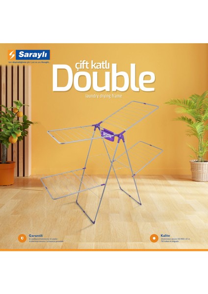 Kalın Metal Çamaşır Kurutmalık, Çift Katlı Askı, Gri Renk, Tek Ebat