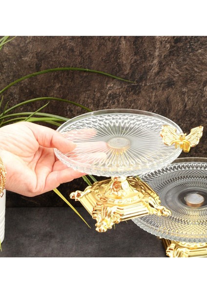 Elite Ayakli Kelebekli Cam Sunumluk 16 cm Gold 1 Adet