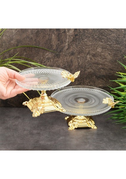 Elite Ayakli Kelebekli Cam Sunumluk 16 cm Gold 1 Adet