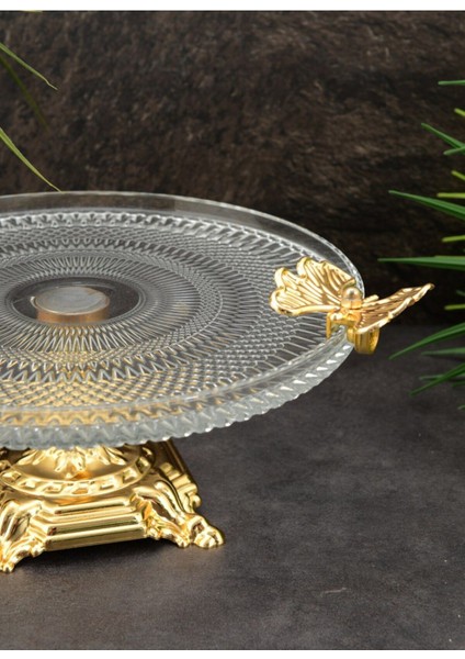 Elite Ayakli Kelebekli Cam Sunumluk 16 cm Gold 1 Adet