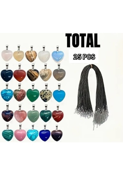 ( 25 x Adet ) 1 Set Karışık Doğal Taş Kalp Suni Deri Kolye Klasik Bileklik & Küpe & Kolye Ucu