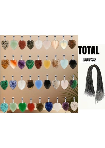 ( 25 x Adet ) 1 Set Karışık Doğal Taş Kalp Suni Deri Kolye Klasik Bileklik & Küpe & Kolye Ucu