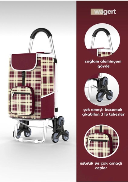 Su Geçirmez 3 Tekerlekli Alüminyum Gövdeli Pazar Arabası, Bordo, 64x32