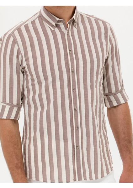 Erkek Kahverengi Slim Fit Uzun Kollu Çizgili Gömlek 50265483-VR029