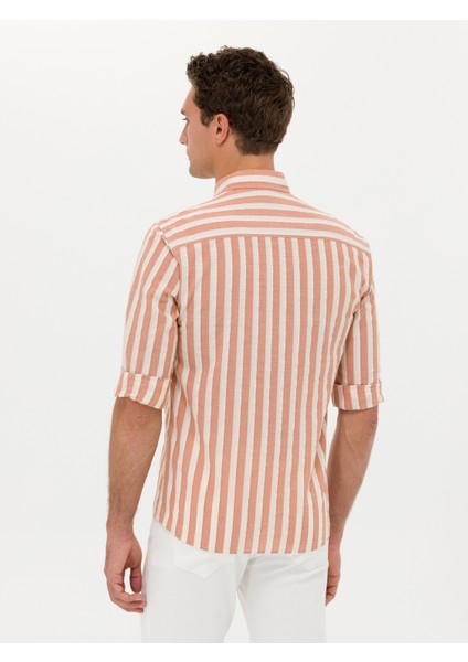 Erkek Kiremit Slim Fit Uzun Kollu Çizgili Gömlek 50265483-VR031