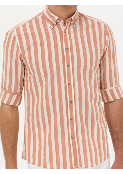 Erkek Kiremit Slim Fit Uzun Kollu Çizgili Gömlek 50265483-VR031