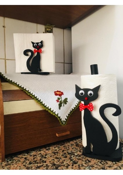 Elite 2'li Kedili Peçetelik ve Kağıt Havluluk Kağıt Havlu Standı, Dekoratif,sunum,sevimli Kedi 1 Adet