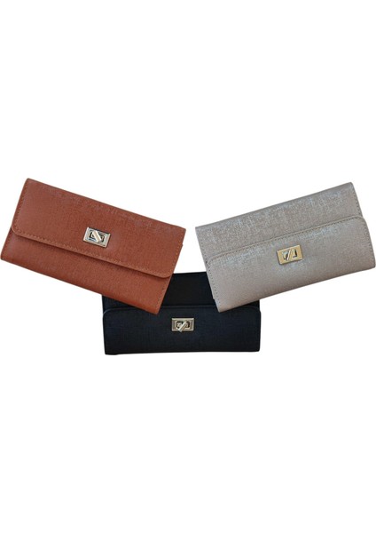 Simli Yatay Kilitli Kapaklı Şık Kadın Cüzdanı 19X9X3