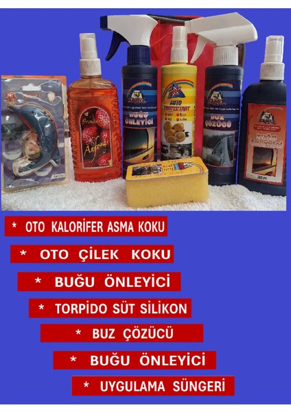 7 Li Oto Bakım Seti -Buğu Önleyici*süt Silikon*buz Çözücü*kalorifer Asma Koku*uygulama Sün.