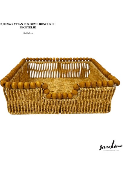 Elite Boncuklu Hasır Rattan Peçetelik Saklama Kutusu Organizer Kare 18CM 1 Adet