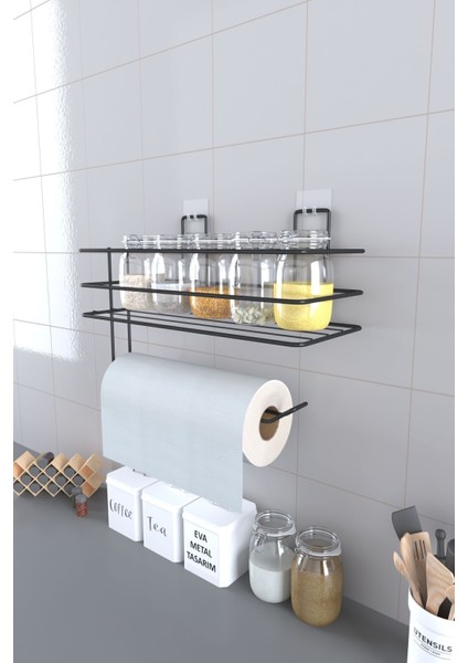 Elite Yapışkanlı Raflı Kağıt Rulo Havluluk Peçetelik Havlu Kağıltlık Siyah Banyo Mutfak Düzenleyici Raf 1 Adet