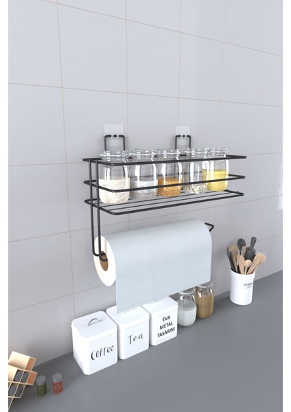 Elite Yapışkanlı Raflı Kağıt Rulo Havluluk Peçetelik Havlu Kağıltlık Siyah Banyo Mutfak Düzenleyici Raf 1 Adet