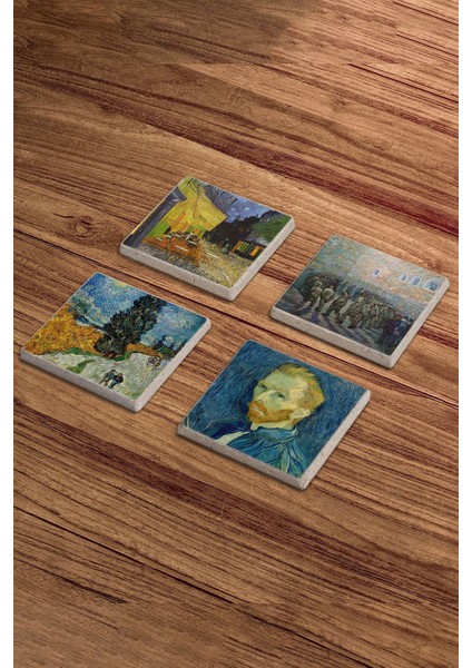 Elite Vincent Van Gogh Tabloları Doğal Taş Traverten Bardak Altlığı 4 Lü Set 1 Adet fırsatları