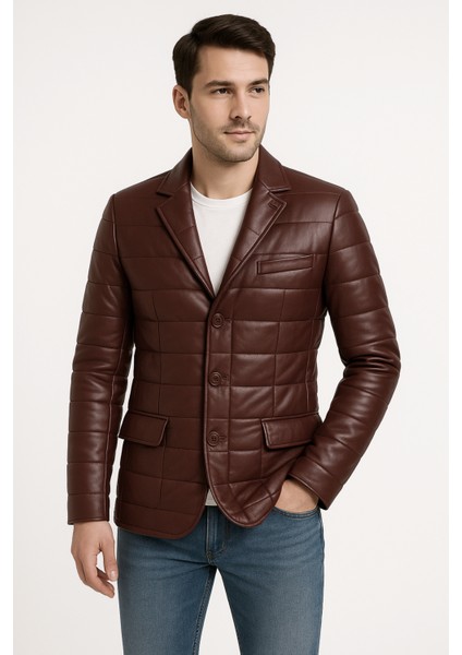 Silva Hakiki Deri Tafta Erkek Bordo Şişme Blazer Ceket