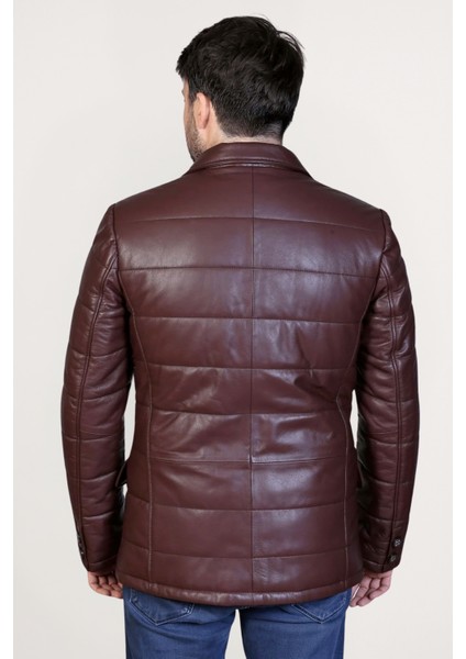 Silva Hakiki Deri Tafta Erkek Bordo Şişme Blazer Ceket