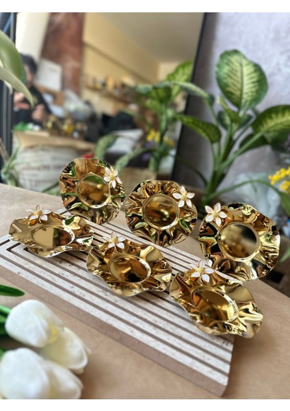 Elite Gold Çiçek Detaylı 6'lı Lüks Çay Tabağı Seti – Şık Sunumluk (12CM) 1 Adet