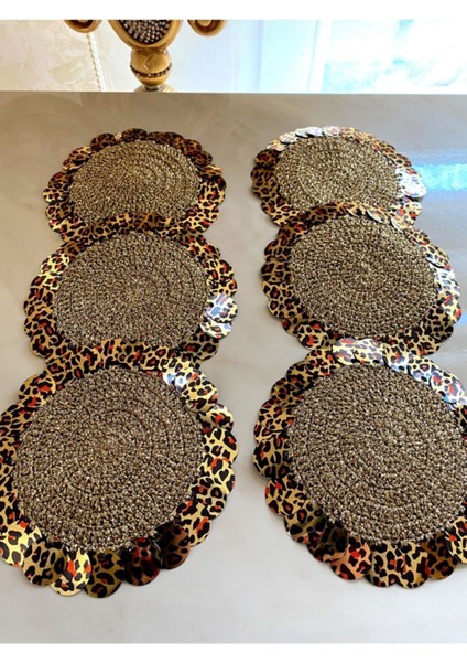 Elite Gold Simli Ip, Leopar Pullu Bardak Altı Peçetesi 6 Adet 1 Adet