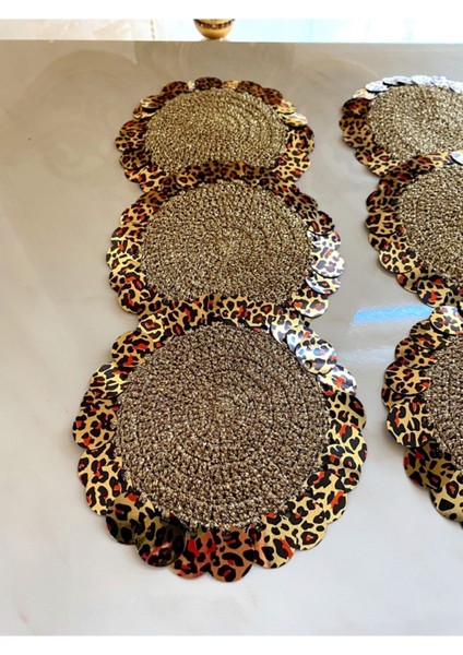 Elite Gold Simli Ip, Leopar Pullu Bardak Altı Peçetesi 6 Adet 1 Adet