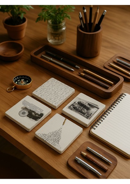 Elite Vintage Yazı ve Retro Desenli Doğal Taş Bardak Altlığı 4’lü Set, Retro Sunum Ürünü 1 Adet