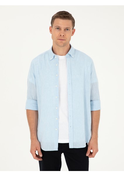 Erkek Açık Mavi Slim Fit Keten Karışımlı Gömlek 50266184-VR003
