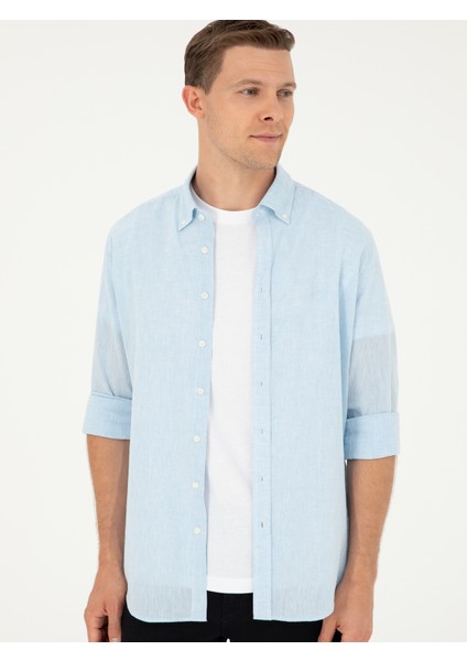 Erkek Açık Mavi Slim Fit Keten Karışımlı Gömlek 50266184-VR003 modelleri