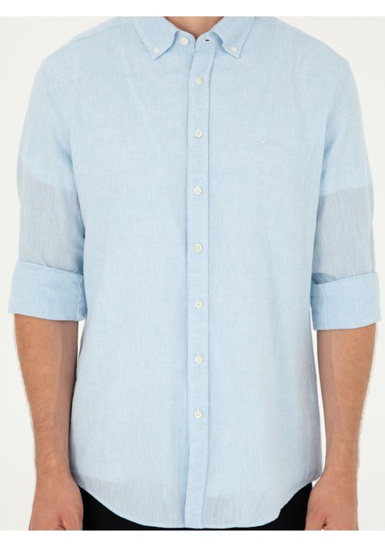 Erkek Açık Mavi Slim Fit Keten Karışımlı Gömlek 50266184-VR003