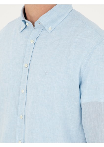 Erkek Açık Mavi Slim Fit Keten Karışımlı Gömlek 50266184-VR003