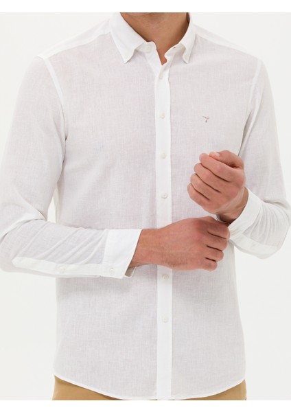 Erkek Beyaz Slim Fit Keten Karışımlı Gömlek 50266184-VR013