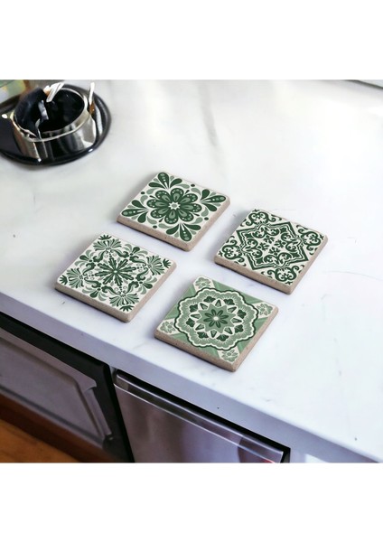 Elite Yeşil Tile Desen, Mexican Talavera Doğal Taş Traverten Bardak Altlığı 4 Lü Set 1 Adet fırsatları