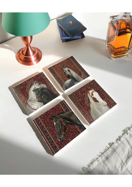 Elite Kırmızı Vintage Halı ve At Figürlü Doğal Taş Bardak Altlığı Seti (4’lü Set) 1 Adet