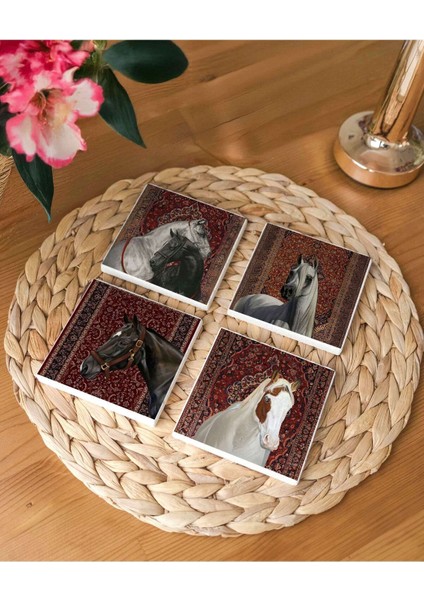 Elite Kırmızı Vintage Halı ve At Figürlü Doğal Taş Bardak Altlığı Seti (4’lü Set) 1 Adet