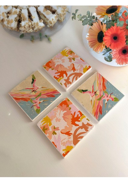 Elite Renkli Leylek Kuş ve Doğa Desenli Doğal Taş Bardak Altlığı 4’lü Set 10X10 cm 1 Adet