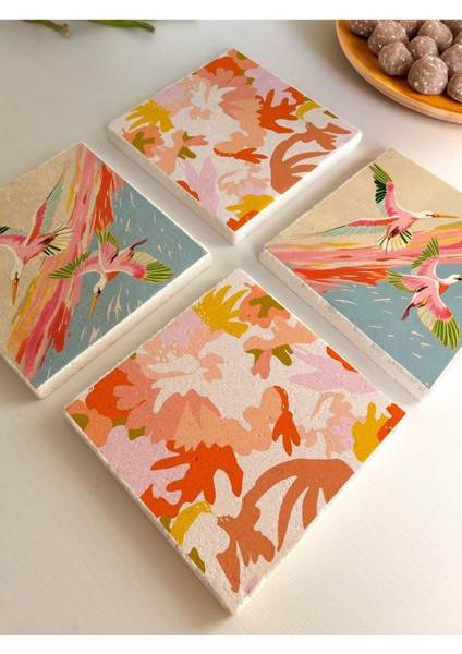 Elite Renkli Leylek Kuş ve Doğa Desenli Doğal Taş Bardak Altlığı 4’lü Set 10X10 cm 1 Adet