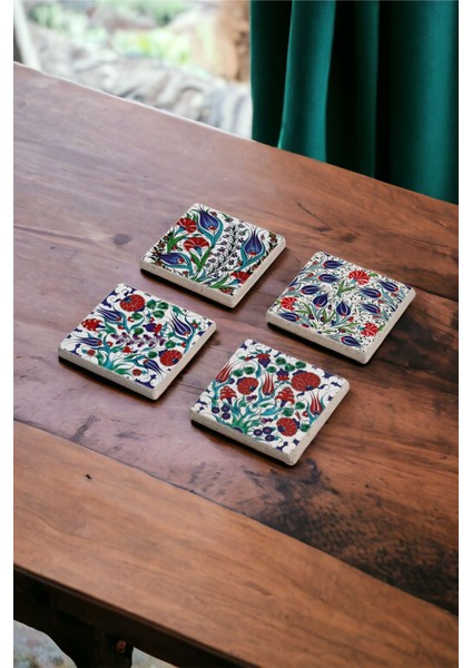 Elite Çini Desen, Mavi Karanfil Tile Desen Doğal Taş Traverten Bardak Altlığı 4 Lü Set 1 Adet