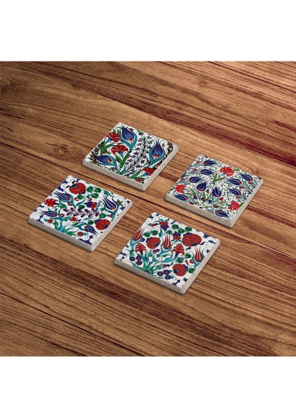 Elite Çini Desen, Mavi Karanfil Tile Desen Doğal Taş Traverten Bardak Altlığı 4 Lü Set 1 Adet fırsatları