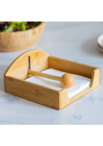Elite Bambu Peçetelik Kare, Rüzgar Koruma Aparatlı Bambu Peçetelik Şık ve Dayanıklı Tasarım 18X18X5CM 1 Adet